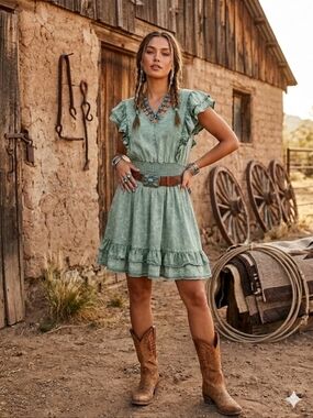 Hayden Green Acid Washed  Ruffle Sleeve Mini Dress Western Boho Sz M